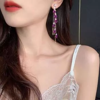 1 пара элегантных женских серег с блестящими стразами и длинными кисточками в виде розы, вечерние серьги