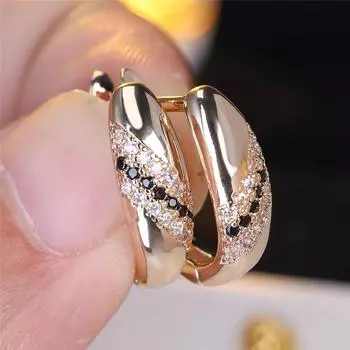 1 пара элегантных золотистых сережек-капель для женщин, простые серьги-кольца с черным цирконием, винтажные ювелирные изделия, подарок чёрный/золотой