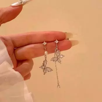 1 пара асимметричных сережек-игл в виде бабочки с кисточками из циркония и серебра, нежное изысканное украшение для ушей 1Pair