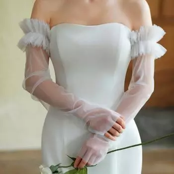 1 пара аксессуаров для платья, длинные однотонные свадебные украшения без пальцев, фатиновые дышащие эластичные манжеты, фатиновые оборки, свадебные перчатки