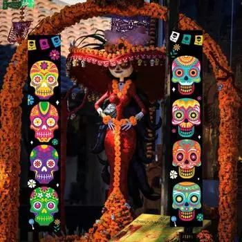 1 пара баннеров на Хэллоуин с жутким рисунком черепа, дверные куплеты на Хэллоуин, фестивальный флаг для украшения дома, вечеринки разноцветный