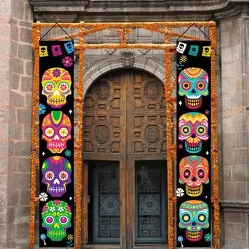 1 пара баннеров на Хэллоуин с жутким рисунком черепа, дверные куплеты на Хэллоуин, фестивальный флаг для домашней вечеринки разноцветный