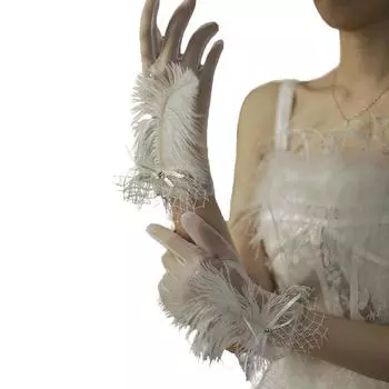 1 пара белых перчаток, винтажный стиль, аксессуары для платья, реквизит, перья для фотосъемки, белые принадлежности для косплея, кружевная сетка, церемониальная перчатка для платья белый