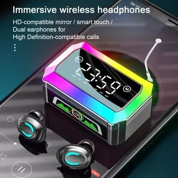 1 пара беспроводных наушников-вкладышей с поддержкой Bluetooth, беспроводные наушники с зеркальной поверхностью 5.3, функцией отображения времени и питания, успокаивающим звуком и подсветкой RGB чёрный