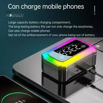 1 пара беспроводных наушников-вкладышей с поддержкой Bluetooth, беспроводные наушники с зеркальной поверхностью 5.3, функцией отображения времени и питания, успокаивающим звуком и подсветкой RGB чёрный