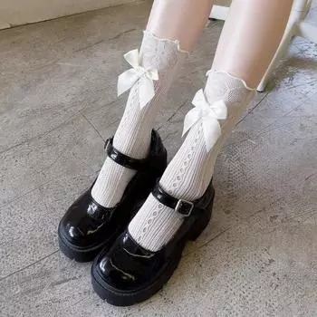 1 пара бежевых кружевных носков JK с бантом, белые сетчатые носки в стиле феи, японские французские летние тонкие носки в стиле Лолиты с маленькими кожаными туфлями, кружевные носки One Size бежевый