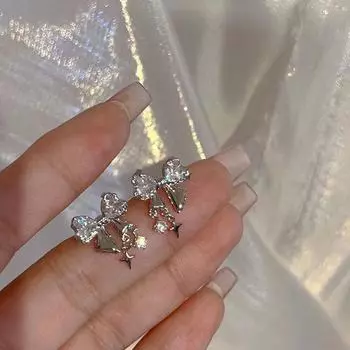 1 пара блестящих циркониевых сережек с бантиком, серьги-гвоздики с милым бантом, ювелирные изделия 1Pair