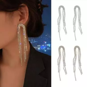 1 пара блестящих темпераментных серег с кисточками U-образной формы, висячие серьги со стразами, ювелирные изделия серебряный