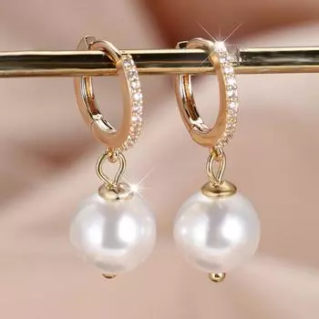 1 пара блестящих золотистых серег-подвесок с цирконом и имитацией жемчуга для женщин, свадебные, для повседневной носки, изящные ювелирные изделия золотой