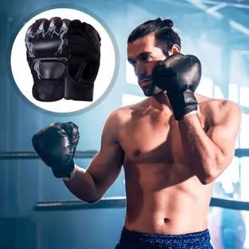 1 пара боксерских перчаток с застежкой-лентой, амортизирующие, износостойкие, с толстой подкладкой, регулируемые перчатки для кикбоксинга с половиной пальца чёрный