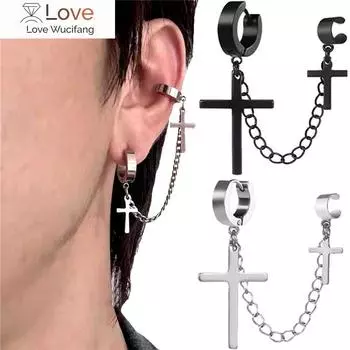 1 пара цельных сережек-клипс с крестиком и кисточками для женщин, подростков, мужчин, каффы из цинкового сплава, хип-хоп, винтажные серьги-цепочки в стиле панк