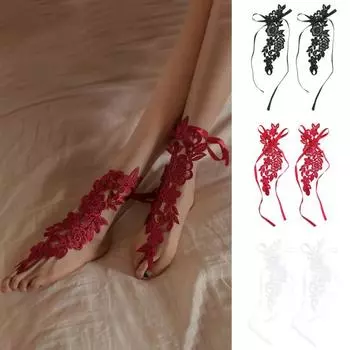 1 пара чехлов для ног с кольцом для большого пальца ноги, аппликация из кружева и цветов, соблазнительные однотонные, облегающие чехлы для ног для медового месяца и брачной ночи чёрный