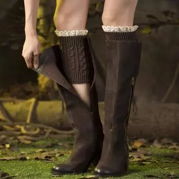 1 пара чехлов на голени для сапог, кружевная отделка, трикотажные, толстые, сохраняют тепло белый