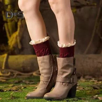 1 пара чехлов на икры для сапог, кружевная отделка, толстые вязаные теплые носки выше колена, высокоэластичные, нескользящие, безногие носки для икр вино красного
