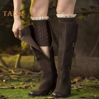 1 пара чехлов на икры для сапог, кружевная отделка, толстые вязаные теплые носки выше колена, высокоэластичные, нескользящие, безногие носки для икр чёрный