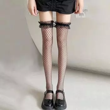 1 пара черно-белых сексуальных носков выше колена для женщин, милые женские чулки с бантом и сетчатыми колготками