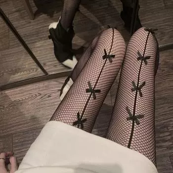 1 пара черных женских носков в сетку с вертикальным рисунком в один ряд, женские колготки в сетку в темном стиле Lolita, колготки с бантом One Size