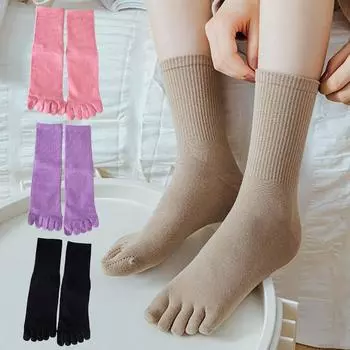 1 пара чулок, мягкие носки с пальцами, женские, органический хлопок, однотонные, носки с пятью пальцами, носки Harajuku средней длины, эластичные, дышащие розовый