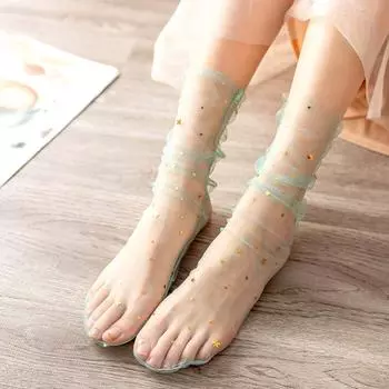 1 пара чулок, прозрачные тонкие сетчатые носки со звездами и луной, удобные летние женские цветные чулки средней длины белый