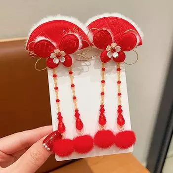 1 пара детских красных заколок-бантов для волос, кавайные аксессуары для волос, заколки для волос с кисточками в виде бабочек, универсальные заколки для волос в старинном стиле