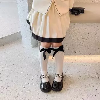 1 пара детских носков до середины икры для девочек, милые жаккардовые носки бежевого, кофейного цвета для детей, гольфы в стиле принцессы с бантом для малышей 38cm