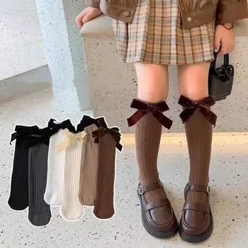 1 пара детских носков до середины икры для девочек, милые жаккардовые носки бежевого, кофейного цвета для детей, гольфы в стиле принцессы с бантом для малышей one size хаки