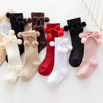 1 пара детских носков, два шарика, вязаные эластичные носки со средней трубкой для маленьких девочек, домашние носки L красный