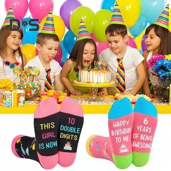 1 пара детских носков на день рождения с красочным принтом, подарок на день рождения 10 лет, спортивные школьные носки средней длины ярких цветов розовый/чёрный