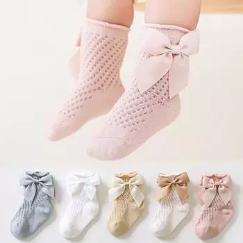 1 пара детских носков, противоскользящие удобные дышащие хлопковые сетчатые носки с бантом для новорожденных на весну/лето S белый