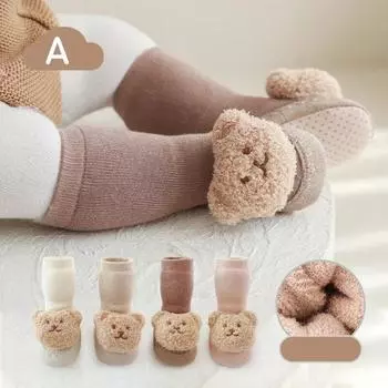 1 пара детских носков, теплая осенне-зимняя нескользящая напольная обувь для новорожденных, кавайная домашняя обувь с куклой-мишкой из мультфильма для малышей S