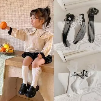 1 пара детских носков в стиле Лолиты для девочек, милые носки черного, белого цвета с цветочным принтом и бантом для детей, мягкие хлопковые носки для девочек, аксессуары 3-8 Year