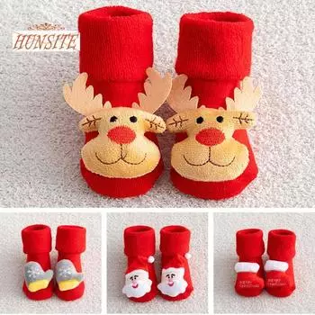 1 пара детских рождественских носков, нескользящие, утепленные, с мультяшным декором, короткие носки для новорожденных, зима