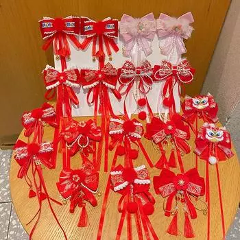 1 пара детских заколок для волос в китайском стиле с бахромой в виде принцессы, цветка и бабочки, милый красный бант, праздничные аксессуары для волос Kawaii