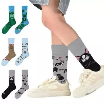 1 пара детских зимних носков, асимметричные, с рисунком животных из мультфильмов, средней длины, противоскользящие, высокоэластичные, для ежедневной носки, для занятий спортом и школой A