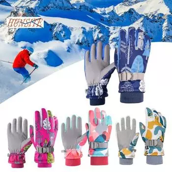 1 пара детских зимних перчаток с принтом, для холодной погоды, водонепроницаемые, теплые лыжные перчатки, для занятий спортом на открытом воздухе, противоскользящие, снежные перчатки на полные пальцы для детей, мальчиков и девочек M розы красного