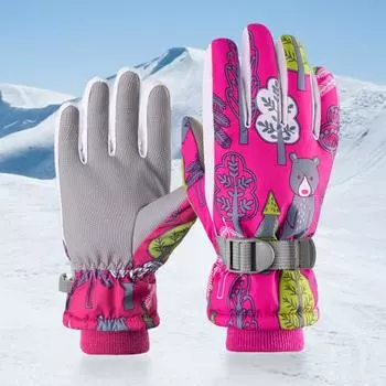 1 пара детских зимних перчаток с принтом, водонепроницаемые, ветрозащитные, утепленные, теплые лыжные перчатки для холодной погоды, для занятий спортом на открытом воздухе, противоскользящие, с полным пальцем, для снега M розы красного
