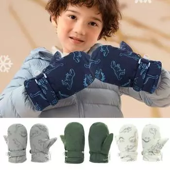 1 пара детских зимних варежек с толстой плюшевой подкладкой, ветрозащитные, для холодной погоды с изображением динозавра из мультфильма M хаки