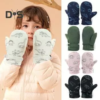 1 пара детских зимних варежек с толстой плюшевой подкладкой, ветрозащитные перчатки для холодной погоды с мультяшным динозавром, регулируемые нескользящие лыжные перчатки с застежкой S хаки