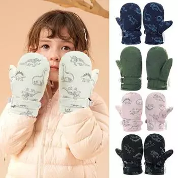 1 пара детских зимних варежек с толстой плюшевой подкладкой, ветрозащитные перчатки для холодной погоды с мультяшным динозавром, регулируемые нескользящие лыжные перчатки с застежкой L хаки