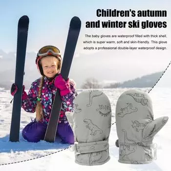 1 пара детских зимних варежек с толстой плюшевой подкладкой, ветрозащитные перчатки для холодной погоды с мультяшным динозавром, регулируемые нескользящие лыжные перчатки с застежкой L темно-синий