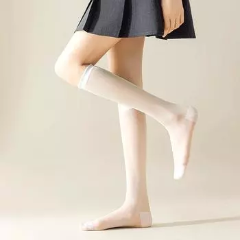 1 пара длинных носков до середины икры, дышащие тонкие женские полупрозрачные гольфы, эластичные чёрный/серебряный