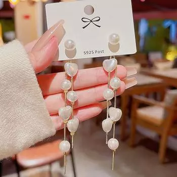 1 пара длинных серег с имитацией жемчуга, свадебные серьги-гвоздики с кисточками в форме сердца 1 Pair