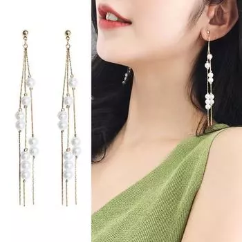 1 пара длинных серег с кисточками из искусственного жемчуга, изысканные, нежные, универсальные, минималистичные, элегантные, широкие золотистый