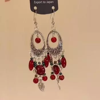 1 пара длинных серег с подвеской в виде листа из красного бисера в стиле бохо, поддельные серьги для фотографий в стиле путешествий