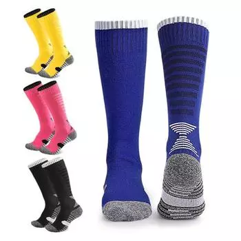 1 пара футбольных носков с полотенцесушителем, противоскользящие, впитывающие влагу, эластичные детские спортивные чулки для мальчиков и девочек, компрессионная подушка для бега, футбола, длинные чулки-трубы синий