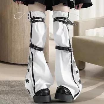 1 пара гетр для горячих девушек, регулируемый пояс, декор в виде цепочки, носки в стиле хип-хоп, леггинсы со звездным принтом, контрастного цвета, противоскользящие, со шнурком чёрный