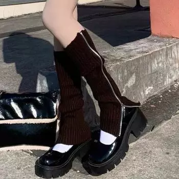 1 пара гетр Уютные толстые вязаные однотонные противоскользящие теплые носки до икры на молнии с застежкой-молнией Сапоги JK Чулки Чехлы для сапог в стиле Лолита Чехлы для утепления ног чёрный