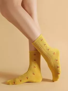 1 пара хлопковых носков Универсальные вязаные Милые Девичьи Влагопоглощающие Носки до середины икры Повседневные носки с вишневым узором ONE SIZE