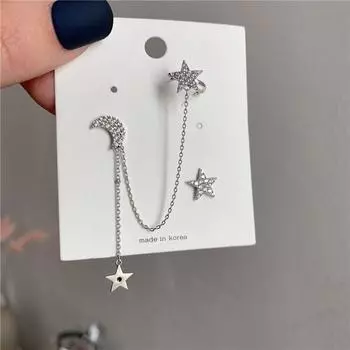 1 пара инкрустированных циркониевых звезд и луны - асимметричные серьги для женщин, пары, модные элегантные ювелирные изделия, подарочные аксессуары для вечеринок, предотвращающие аллергию 1cm серебряный
