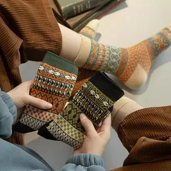 1 пара Ins ретро носки женские осень зима хлопковые вязаные длинные носки модные этнические Харадзюку винтажные уличные носки средней длины
